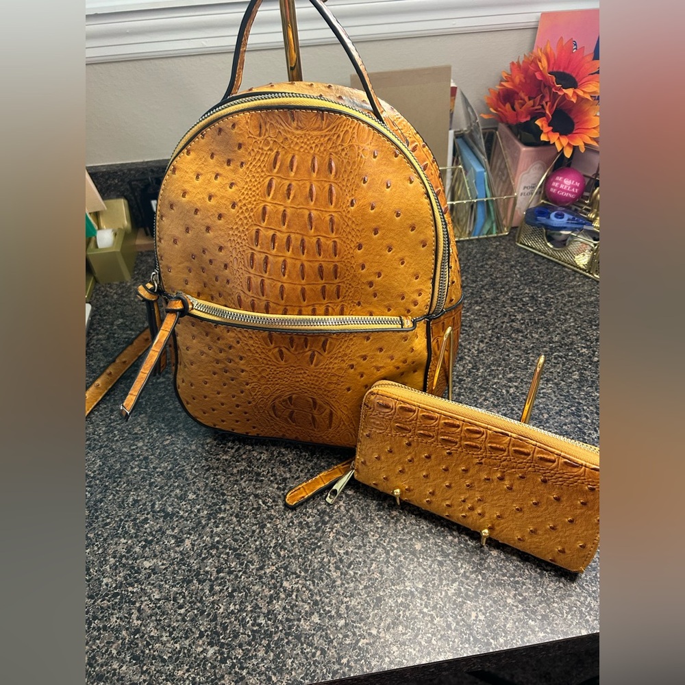 Elegant Tan Textured Women's Backpack and Wallet Set
